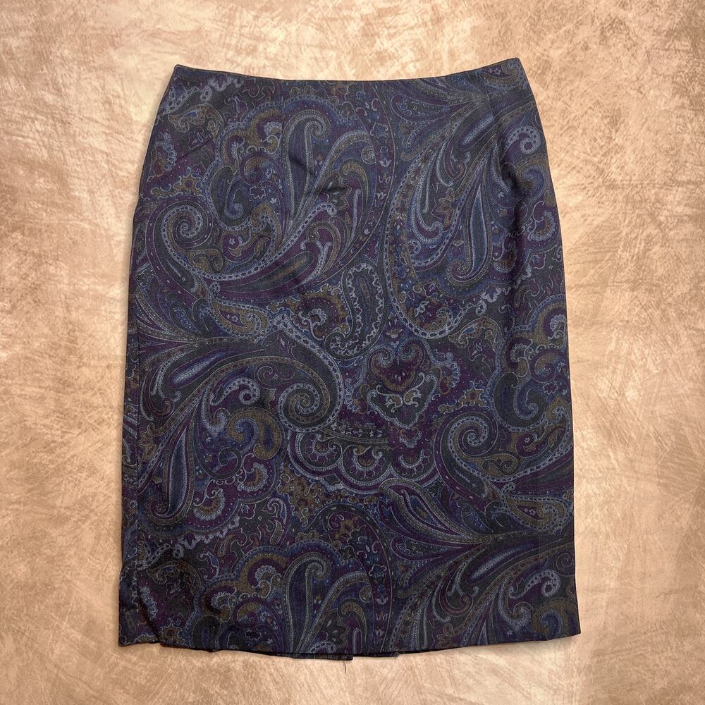 Vintage 90s Smart Parts Paisley Rocaille Print Midi Pencil Skirt Navy Whimsigoth
